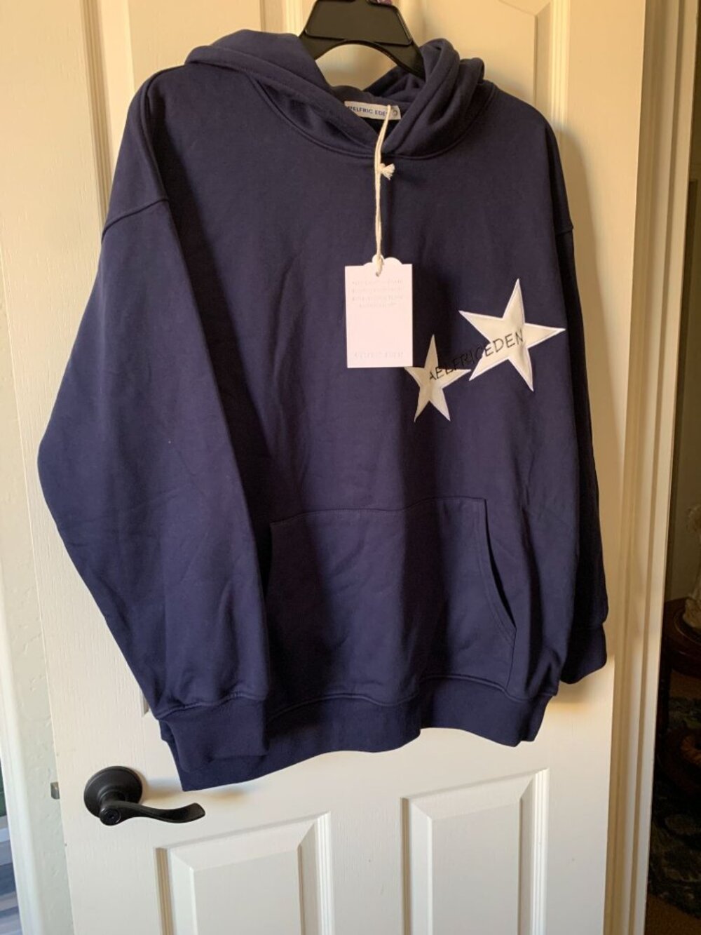 Elfric Eden Navy Blue Hoodie With Star Design Pullover Style Front Pocket Brand